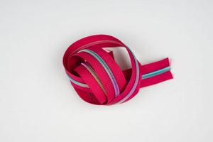 Pomegranate Pink with Rainbow Nylon Teeth - Zipper Tape by the Yard