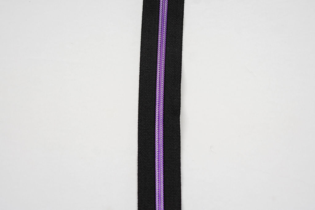 Black with Metallic Purple Nylon Teeth - Zipper Tape by the Yard