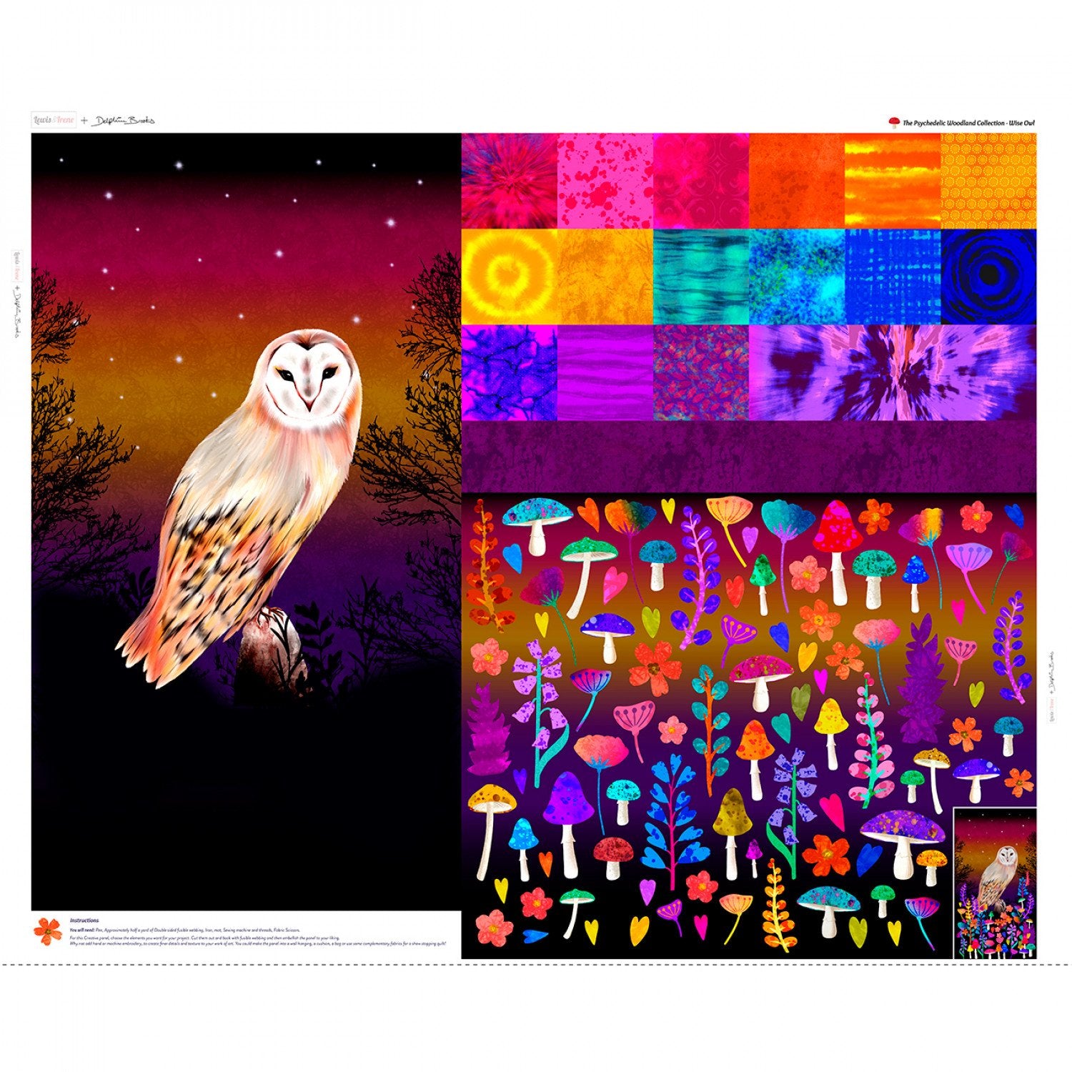 Psychedelic Woodland Collection Wise Owl Panel By Delphine Brooks For Lewis & Irene Multi