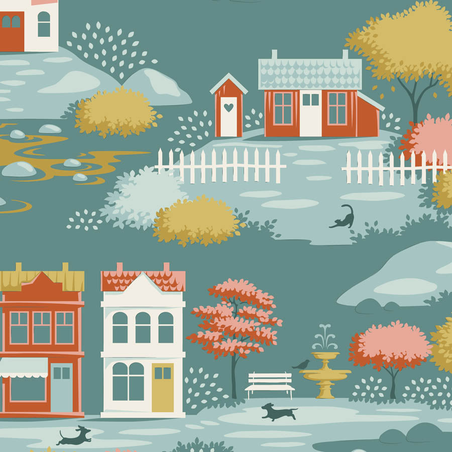 || PRE-ORDER || Village in Teal from Village Life by Tilda Fabrics, Designer Fabric