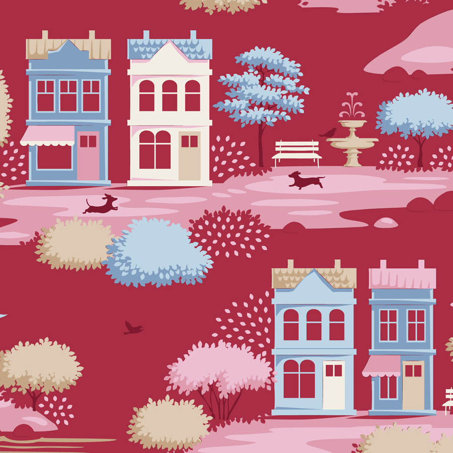 || PRE-ORDER || Village in Burgundy from Village Life by Tilda Fabrics, Designer Fabric