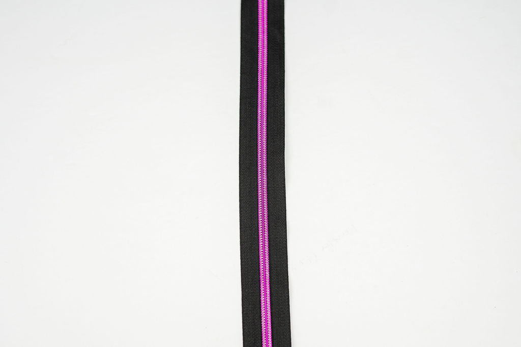 Black with Metallic Pink Nylon Teeth - Zipper Tape by the Yard