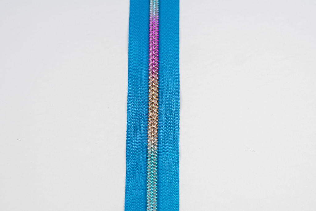 Peacock Blue with Rainbow Nylon Teeth - Zipper Tape by the Yard