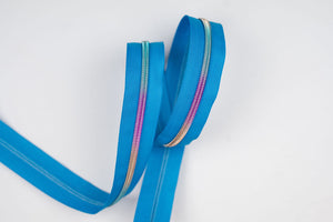 Peacock Blue with Rainbow Nylon Teeth - Zipper Tape by the Yard