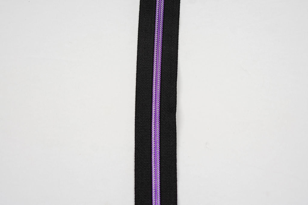 Black with Metallic Purple Nylon Teeth - Zipper Tape by the Yard