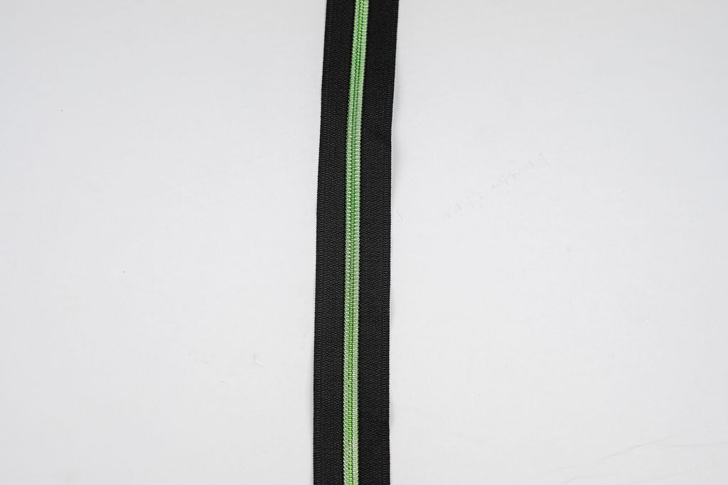 Black with Metallic Green Nylon Teeth - Zipper Tape by the Yard