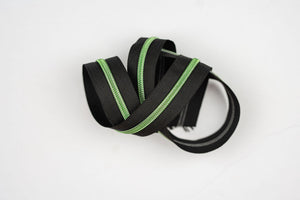 Black with Metallic Green Nylon Teeth - Zipper Tape by the Yard