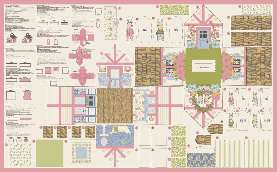 Garden Bunny Cottage || PANEL || from My Secret Garden by Stacy Iest Hsu for Moda Fabrics, Designer Fabric