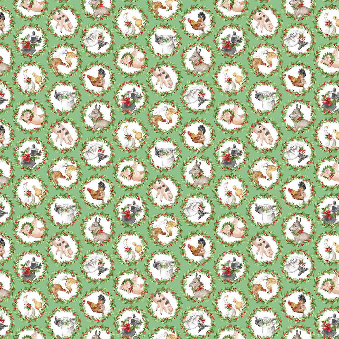 Animal Wreaths in Green from Barnyard Christmas by Deborah Edwards for Northcott, Designer Fabric