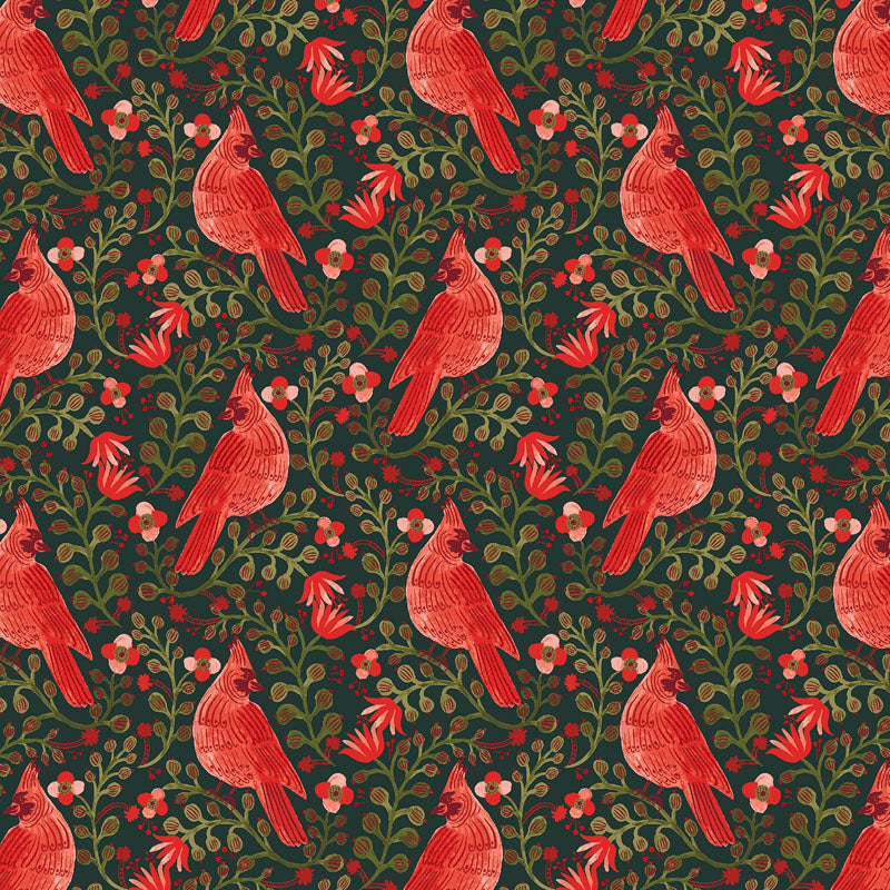 Cardinals in Evergreen for Holiday Classics V By Rifle Paper Co. For Cotton + Steel Fabrics