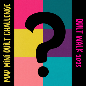 Colorful poster with a question mark and text for a quilt walk challenge.