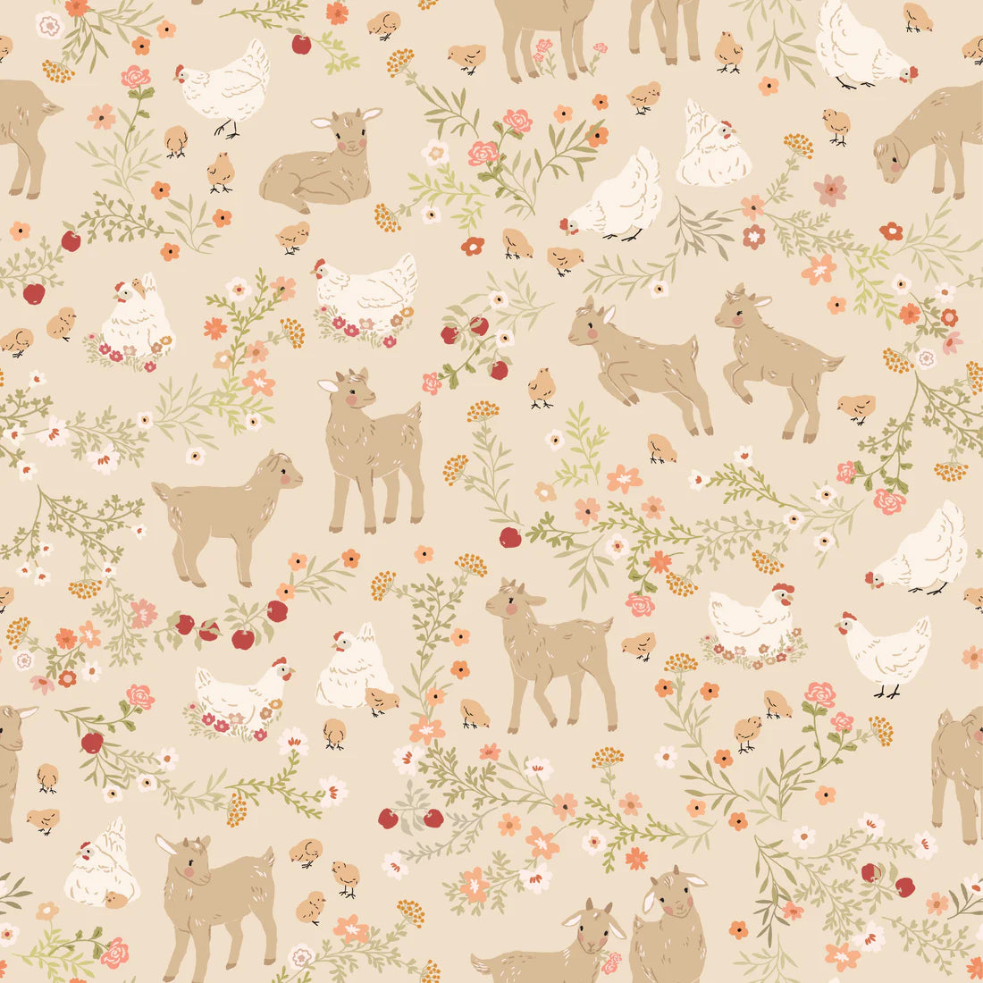 Barnyard Babies in Beige from Primrose & Parsley by Michal Marko for Poppie Cotton, Designer Fabric