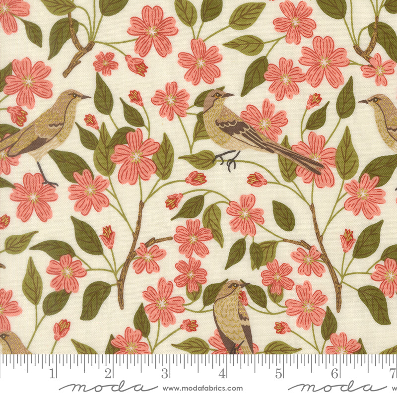 Birds in Bloom in Eggshell Metallic from Ladybug Whimsy by Gingiber for Moda, Designer Fabric