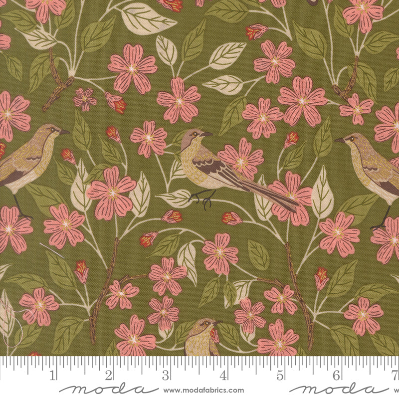 Birds in Bloom in Grass Metallic from Ladybug Whimsy by Gingiber for Moda, Designer Fabric