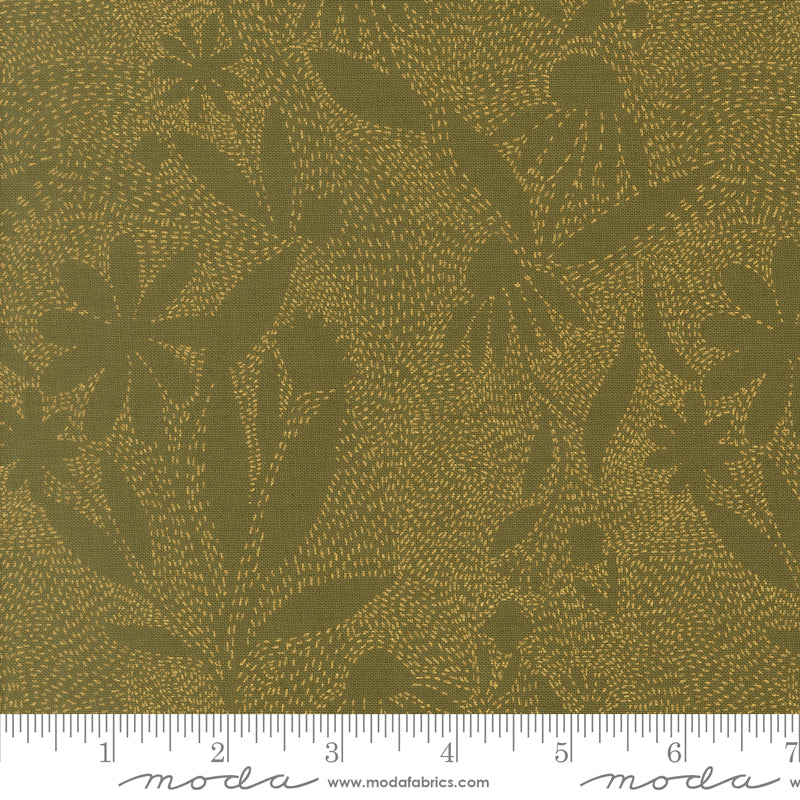 Stitched Petals in Grass Metallic from Ladybug Whimsy by Gingiber for Moda, Designer Fabric