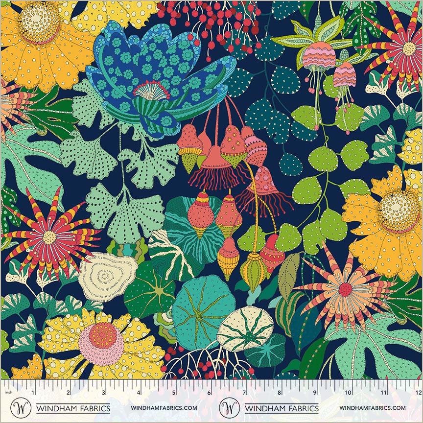 Peony Park in Indigo from Sunshine by Sally Kelly for Windham Fabrics, Designer Fabric