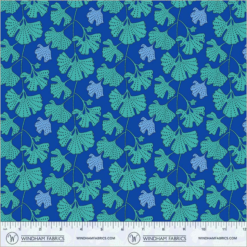 Gingko in Cerulean from Sunshine by Sally Kelly for Windham Fabrics, Designer Fabric