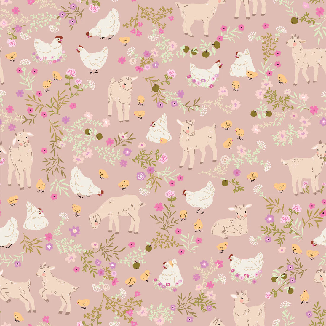Barnyard Babies in Rose from Primrose & Parsley by Michal Marko for Poppie Cotton, Designer Fabric