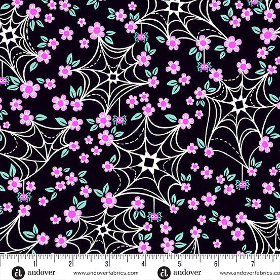 Web and Bloom in Black from Ghostly Garden by KP Creates for Andover Fabrics
