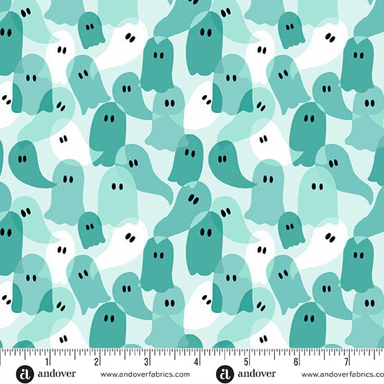 Ghost Party in Aqua from Ghostly Garden by KP Creates for Andover Fabrics