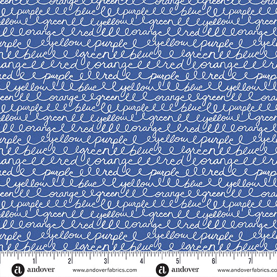 Cursive Colours in Royal from Back to School by Seek to Spring for Andover Fabrics, Designer Fabric