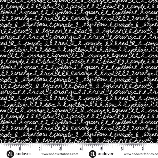 Cursive Colours in Black from Back to School by Seek to Spring for Andover Fabrics, Designer Fabric