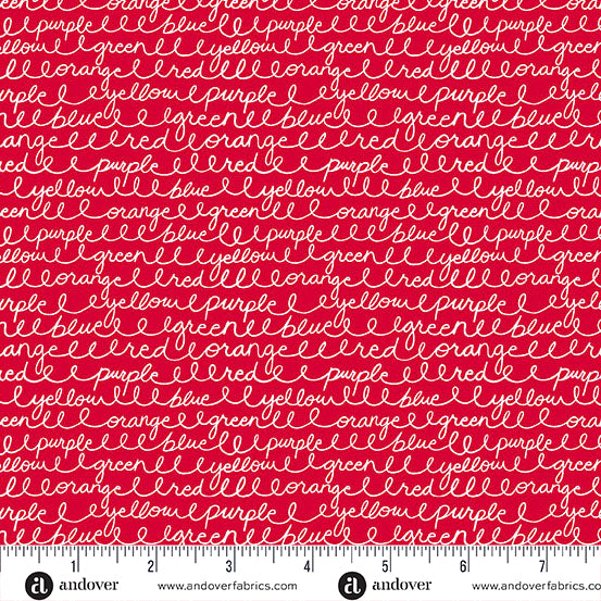 Cursive Colours in Cherry from Back to School by Seek to Spring for Andover Fabrics, Designer Fabric