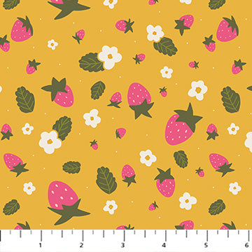 Strawberries on Ochre Joyful June for FIGO Fabric