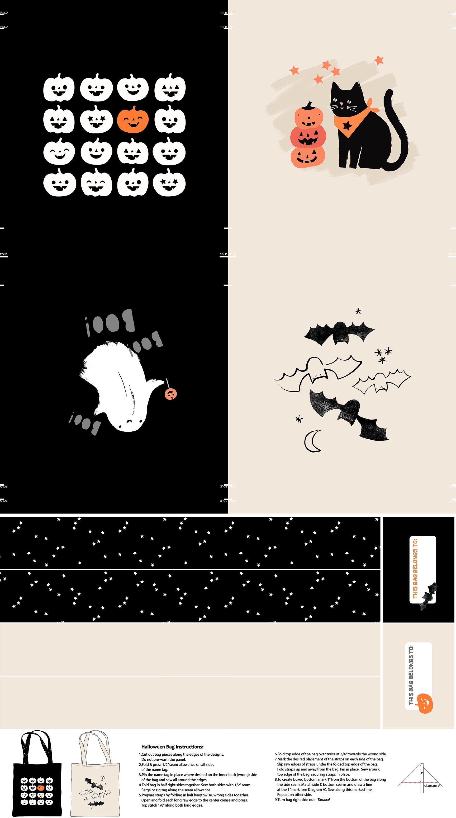 Bag in Black || PANEL || || GLOW IN THE DARK || from Sweet Treats by Jillian Phillips for FIGO Fabrics