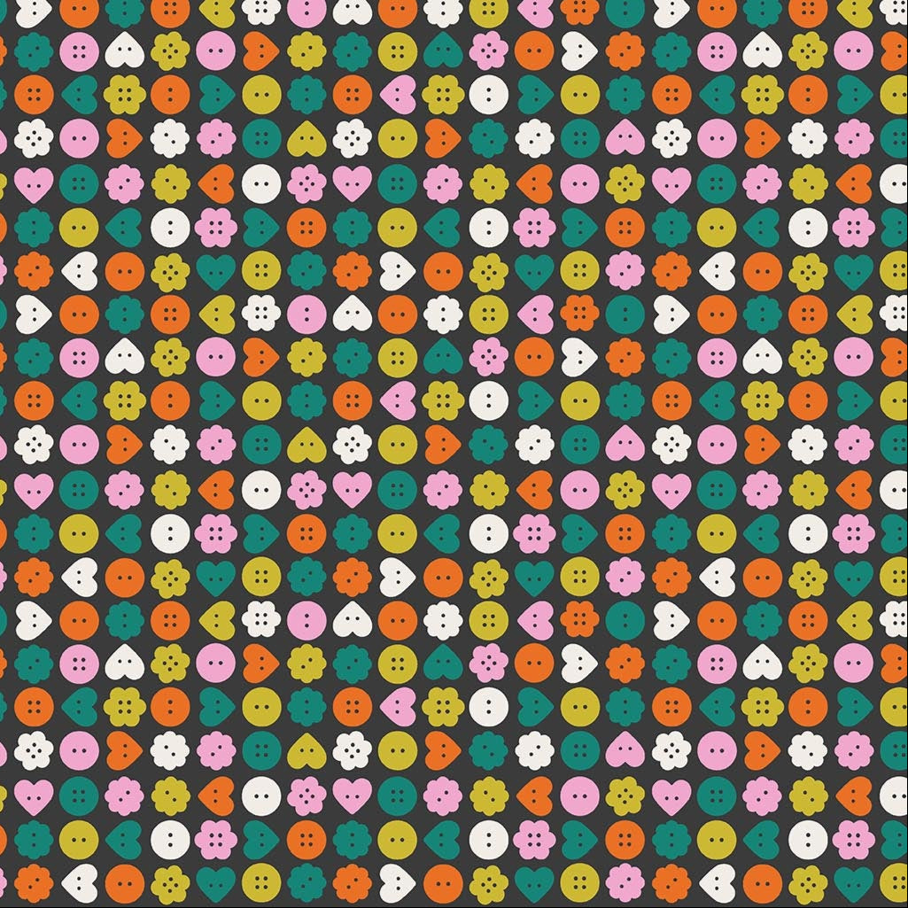 Buttons in Black from Bits & Bobs.by Sarah Hearts for FIGO fabrics, Designer Fabric