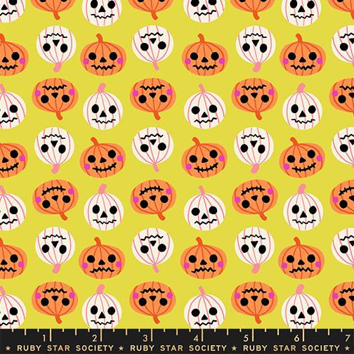 Pumpkin Party in Citron from Freaky Familiars by Ruby Star Society, Designer Fabric