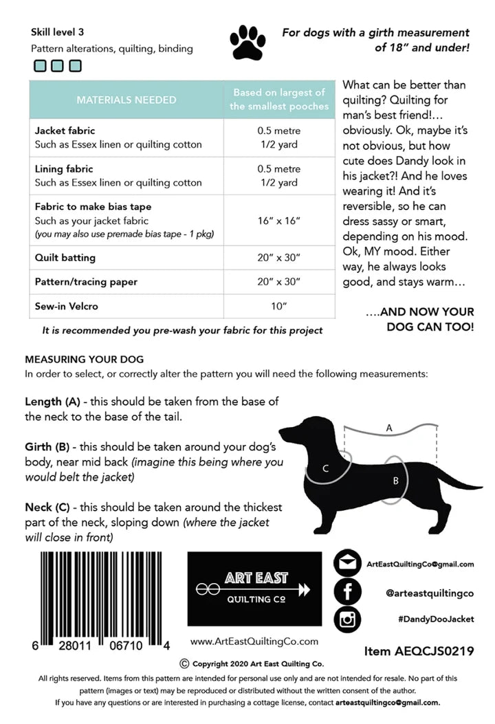 Dandy Doo Jacket Pattern for Small Dogs - Pattern by Art East Quilting Co.