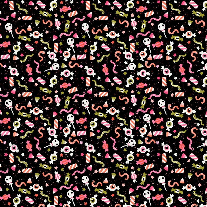 Gooey Sweets in Black from Not Scary by Jill & Rani for Poppie Cotton, Designer Fabric