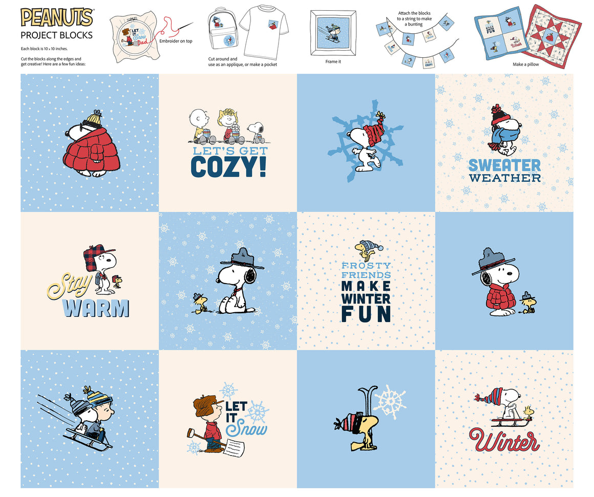 Project Blocks in White Multi from Peanuts Frosty Friends by Northcott Fabrics