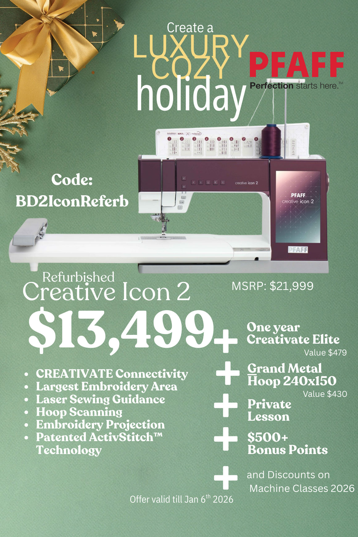 Refurbished PFAFF Creative Icon 2 - Full Warranty - Sewing and Embroidery Machine