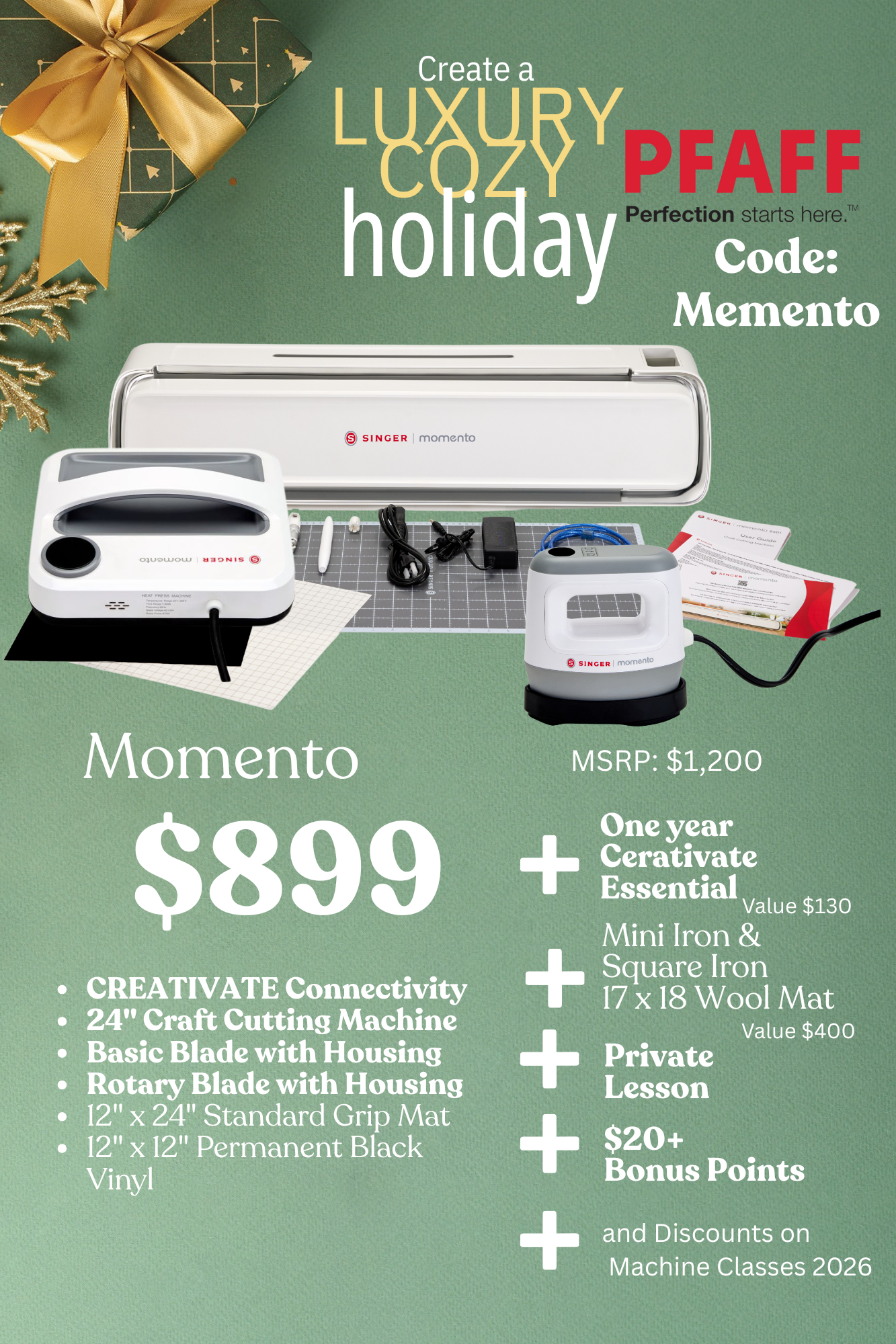 Momento = 24" Singer Momento fabric cutter + Bonus Singer Mini Iron and 17 x 24" wool Mat