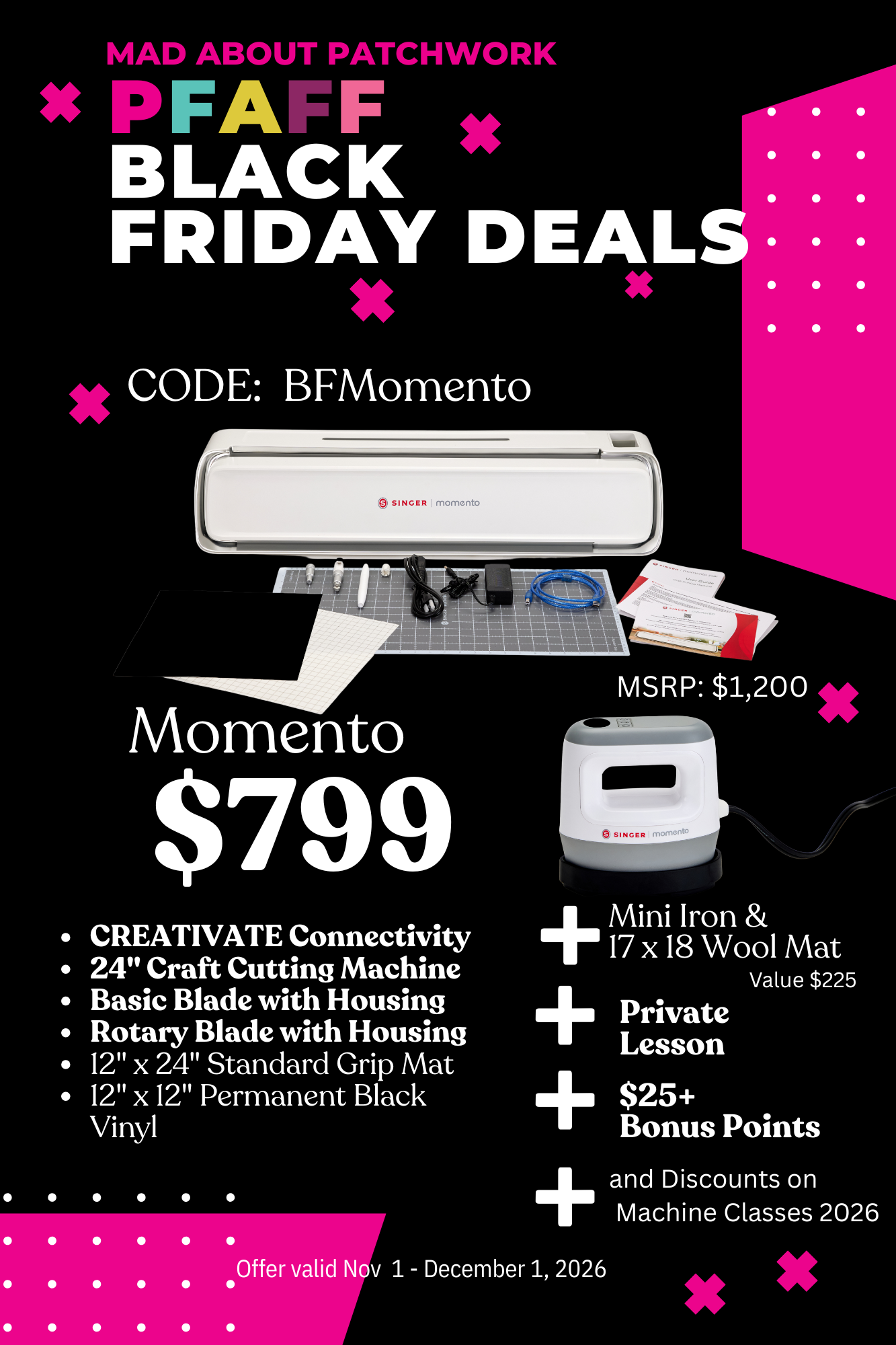 Momento = 24" Singer Momento fabric cutter + Bonus Singer Mini Iron and 17 x 24" wool Mat