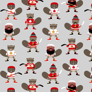 Proudly Canadian Beaver Hockey in Grey by Annie Hanna for Robert Kaufman