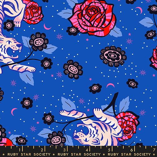 Tiger Rose in Blue Ribbon from Ink Shop by Sarah Watts of Ruby Star Society for Moda Fabrics, Designer Fabric