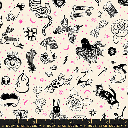 Tattoo Flash in Natural from Ink Shop by Sarah Watts of Ruby Star Society for Moda Fabrics, Designer Fabric