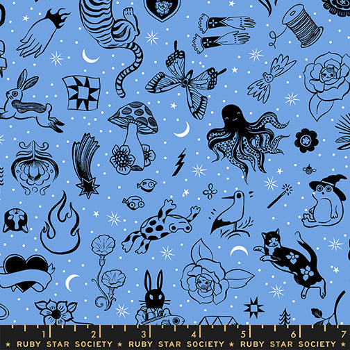 Tattoo Flash in Lindley Blue from Ink Shop by Sarah Watts of Ruby Star Society for Moda Fabrics, Designer Fabric