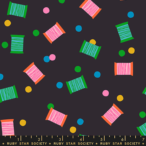 Spools in Soft Black from 1-800-Notion by Ruby Star Society for Moda Fabrics, Designer Fabric