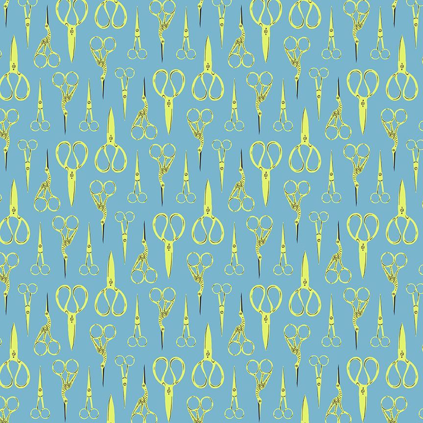 Crane Scissors in Cyan from Stitch & Glow by Dear Stella Fabrics