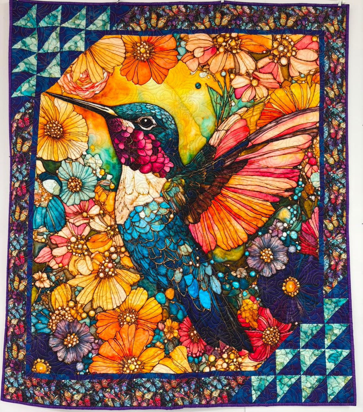 Flight of Beauty Hummingbird - Wholecloth Quilt, Quilt for Sale
