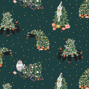 Rockin' Around The Catmas Tree - Emerald Metallic Fabric - 'Twas the Night before Catmas for Cotton and Steel